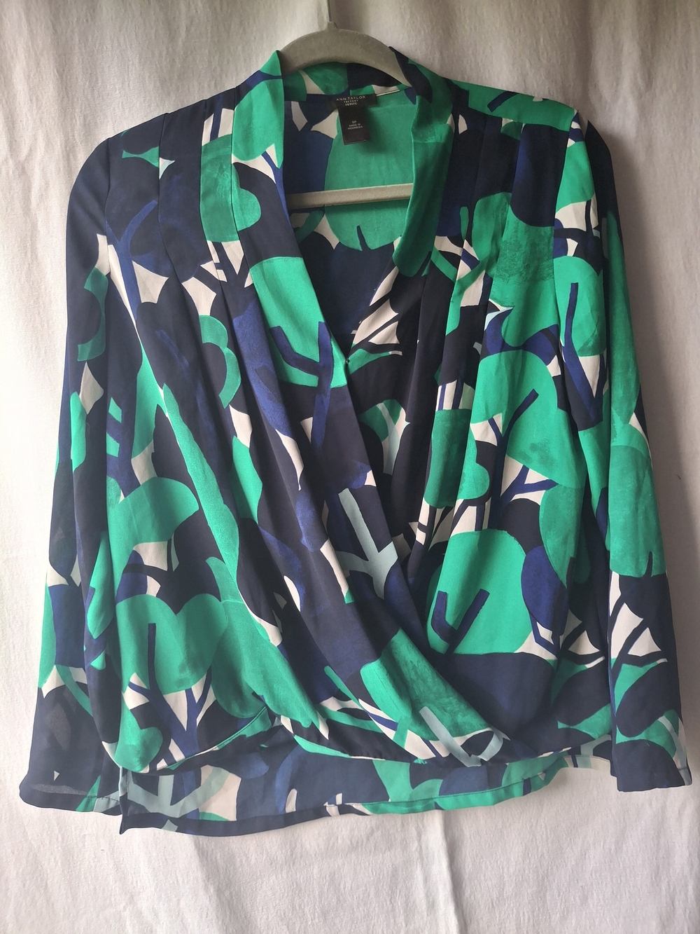 Ann Taylor Factory Teal, Navy and White Wrap Blouse